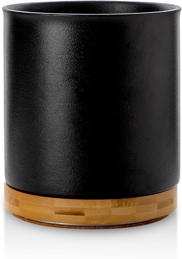 Nucookery 360°Rotating Utensil Holder, 7.2" Kitchen Utensil Crock, Ceramic Cooking Utensil Organizer with Countertop-Protection Cork Bottom for Farmhouse Kitchen Decor Christmas (Stone Black)