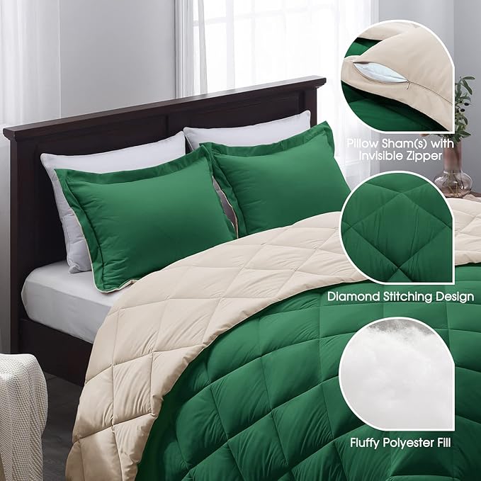 Basic Beyond - Forest Green King Size Reversible Down Alternative Bed Comforter Set(1 Comforter with 2 Pillow Shams, 104" x 92")