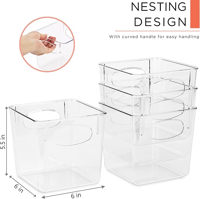 Sorbus Small Clear Plastic Storage Bins for Shelves, Clothes, with Handle - Clear Storage Bins, Drawer, Shelf, Closet, Pantry, Fridge, Freezer Organizer Bins, Closet Organizers and Storage (4 pack)