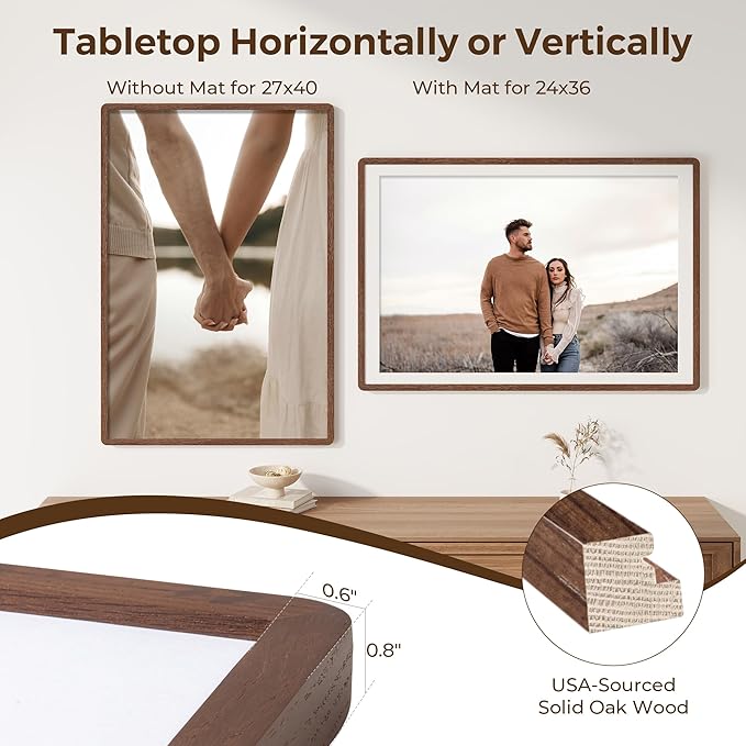 27x40 Picture Frame, 27 x 40 Poster Frame - Solid Oak Wood, 27 by 40 Frame with Tempered Glass, Rustic Wooden 27"x40" Frame with Mat for 24"x36", Minimalist 27x40 Frames for Wall, Walnut Color, 1 Pack