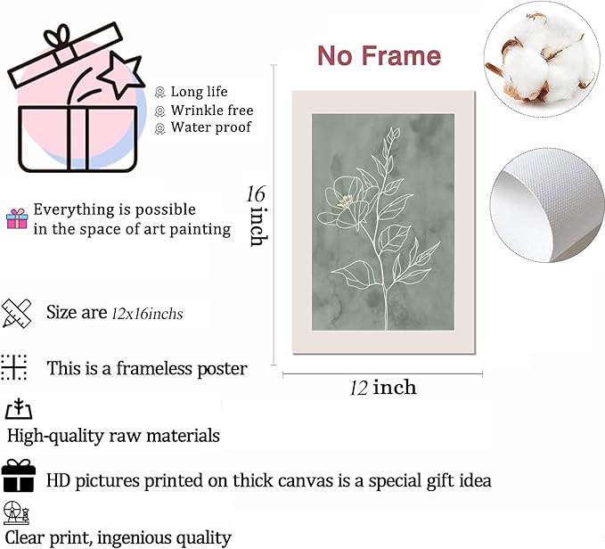 3Pcs Sage Green Botanical Wall Art Line Drawing Floral Canvas Poster Prints Modern Abstract Minimalist Picture Neutral Boho Artwork Simple Painting Wall Decor for Living Room Bedroom 12x16in Unframed