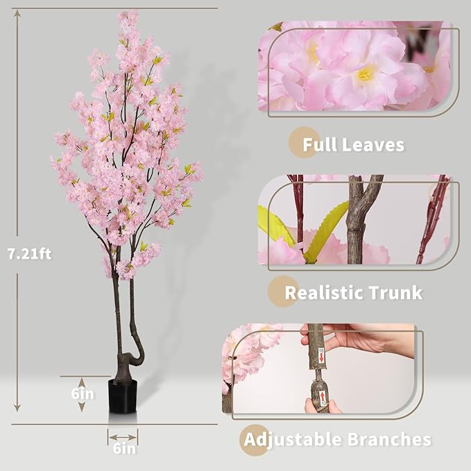 Faux Pink Cherry Blossom Tree 7ft(84in) Tall Artificial Plant Indoor Decor Handmade Natural Fake Cherry Sakura Tree for Wedding Realistic Tree Plant in Pot for Home Living Room,Office,Outdoor Decor.