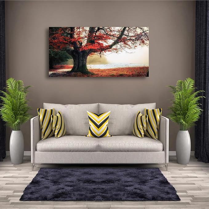 Stunning Nature Landscape Wall Art - 20x40 inches Canvas Artwork of Sunrise Forest Scenery with Red Leaves. Perfect Wall Decoration for Living Room, Bedroom and More
