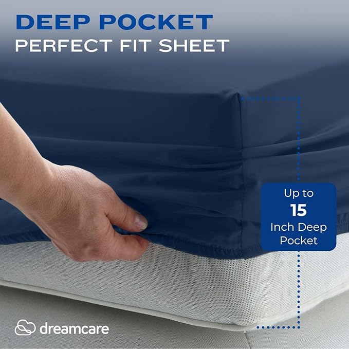 DREAMCARE Twin XL Sheet Set - Cooling Bed Sheets - 4pc Set - up to 15" Deep Pocket Twin XL Sheets - Soft & Long Lasting 100% Fine Brushed Polyester with Side Pocket - Navy Blue