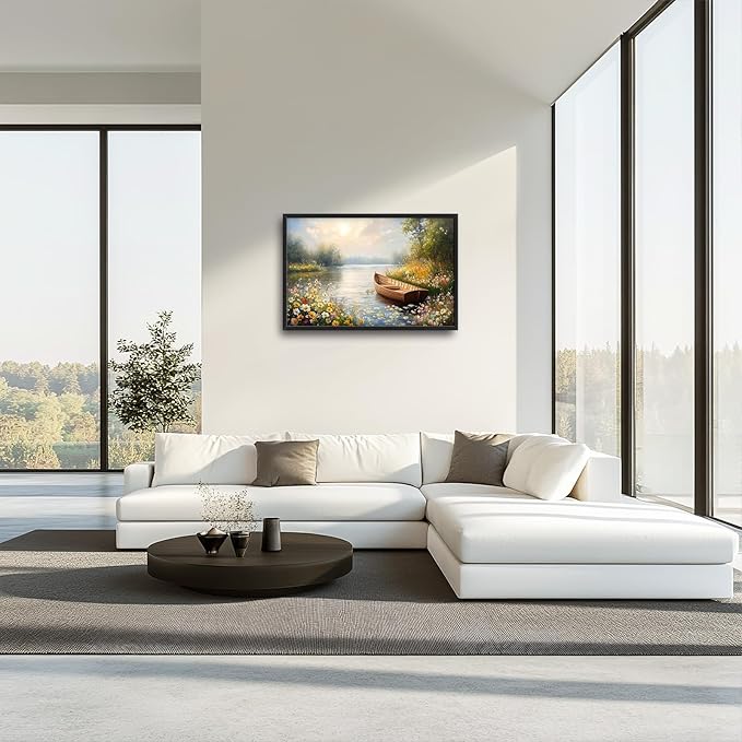 Framed Large Wall Art for Living Room, Lake Boat Canvas Wall Decor, Flower Pictures Painting, Natural Landscape Artwork for Living Room Bedroom Office 36L'' × 24W''