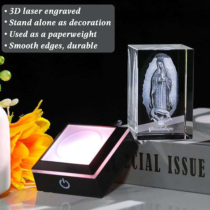 Movdyka 3D Virgen De Guadalupe Statues Decorations Religious Gifts for Women Laser Etched Crystal Our Lady of Guadalupe The Blessed Virgin Mary Glass Statues with Colorful LED Base