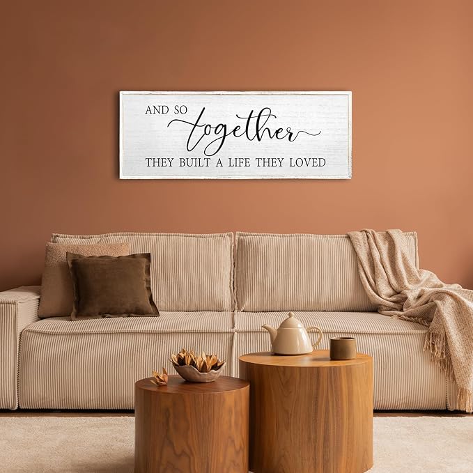 And So Together They Built A Life They Loved Wall Decor 40”X15” Rustic Master Bedroom Large Wood Framed Sign Above Bed Modern Farmhouse Quotes Couple Wall Art Over Bed Hanging Decoration (White)