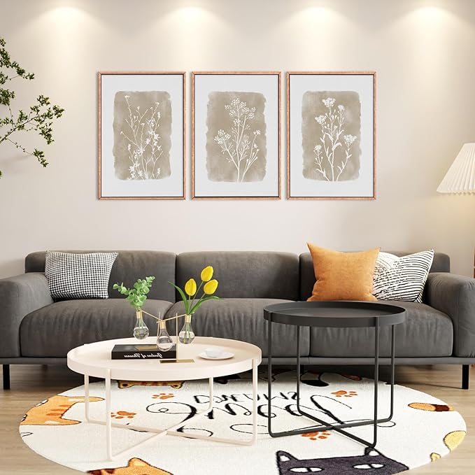 CHDITB Neutral Botanical Wall Art Set of 3, 24"x36" Large Framed Boho Farmhouse Wall Decor, Modern Minimalist Floral Wall Painting, Rustic Wildflower Canvas Art Prints for Living Room, Bedroom