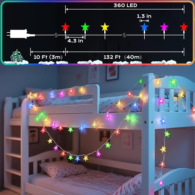 Star String Lights 360 LED 132FT,8 Modes Plug in Star Fairy Lights with Timer & Memory, Indoor Outdoor Star Christmas Lights for Birthday Party Bedroom Wedding Home Classroom Decor Multicolor