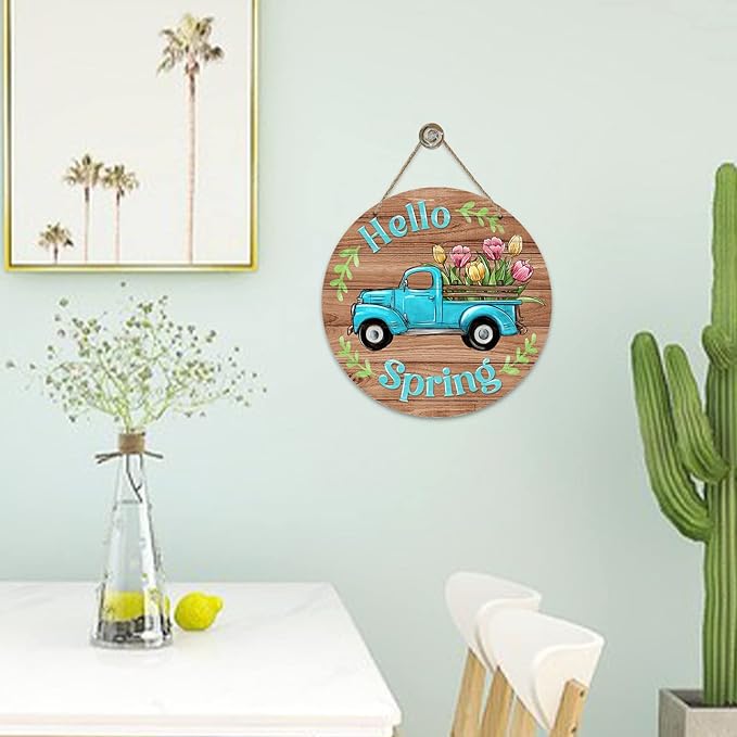 Deroro Hello Spring Blue Truck Sign for Front Door Decor, Tulip Flowers Pickup Wood Door Hanger for Outdoor Outside Porch, Rustic Farmhouse Wooden Wreath Indoor Wall Hanging Decoration