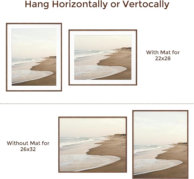 Oak Wood Frame 26x32 with Tempered Real Glass and Mat for 22x28 (Walnut Color, 1 Pack)