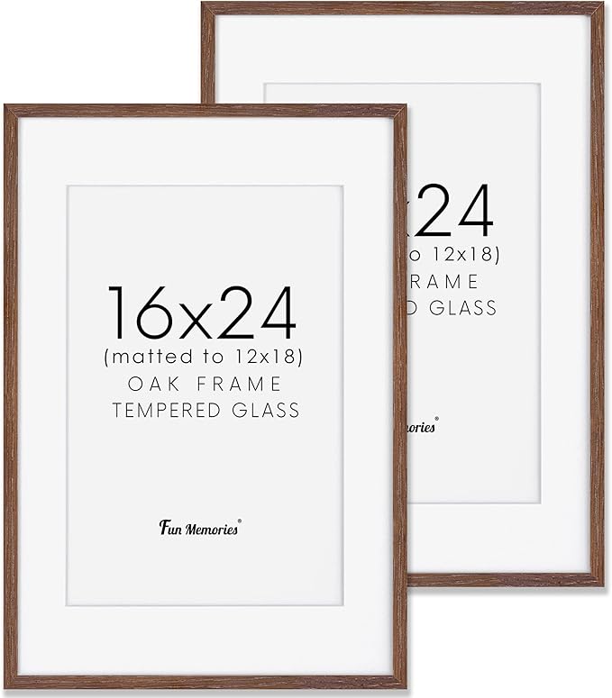 16x24 Picture Frame, 16 x 24 Poster Frames Set of 2, 16x24 Frame Solid Oak Wood & Tempered Glass, 16 x 24 Picture Frame with Mat for 12 x 18, Rustic Wooden 16"x24" Frames, Walnut Color