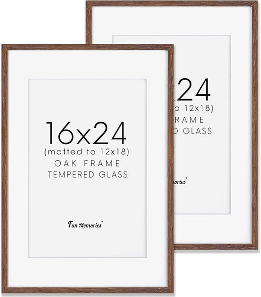 16x24 Picture Frame, 16 x 24 Poster Frames Set of 2, 16x24 Frame Solid Oak Wood & Tempered Glass, 16 x 24 Picture Frame with Mat for 12 x 18, Rustic Wooden 16"x24" Frames, Walnut Color