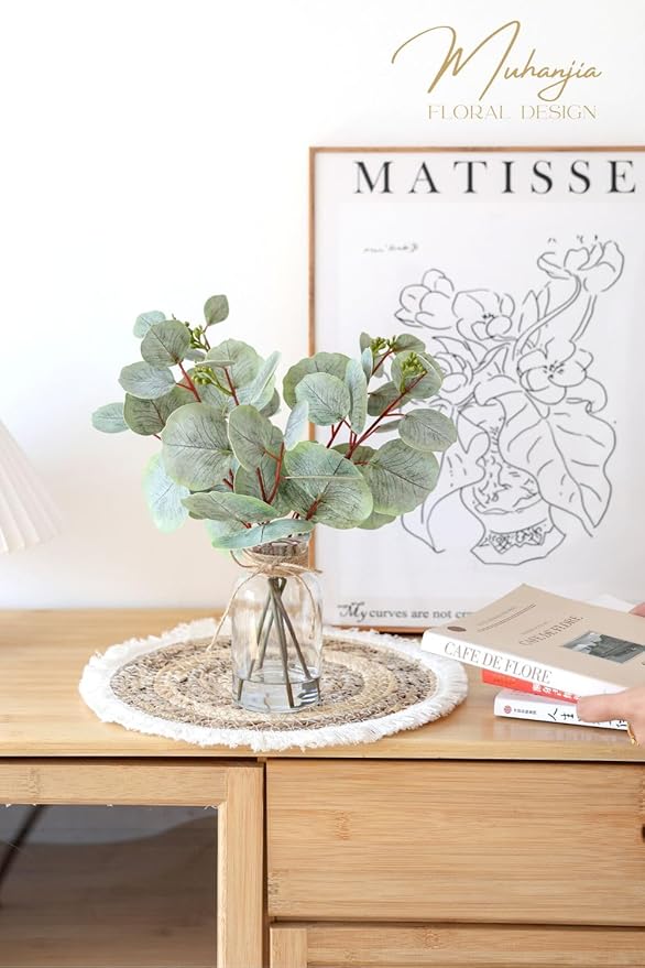 Artificial Eucalyptus Stems in Glass Vase with Faux Water,5Pcs Fake Plant with Double-Sided Leaves and Green Seeds for Centerpiece (Double-Sided Green Eucalyptus with Seed)