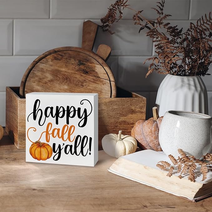 Happy Fall Y'all Sign, Autumn Wooden Box Plaques, Country Style Decoration for Home Farmhouse, Coffee Bar Decors, Table Shelf Decoration, Autumn Gift, Fall Wood Signs A2