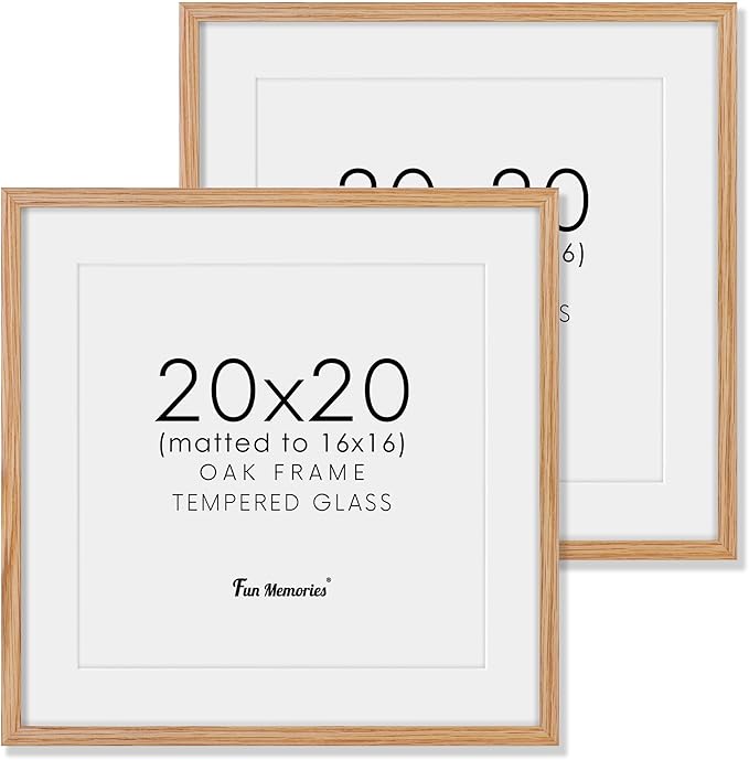 Fun Memories 20x20 Square Picture Frames, Rustic Solid Oak Wood Frame 20 x 20 for Wall, Wooden 20 by 20 Photo Frames with Tempered Real Glass, 20x20 Frame Matted to 16x16, Natural Color, Set of 2