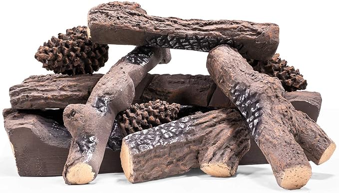 Barton 9-Pieces Ceramic Realistic Wood Log Set Pine Wood Style Stackable Gas Heat Resistant Fireplace Fire Wood Fake Outdoor/Indoor (9 PCS)