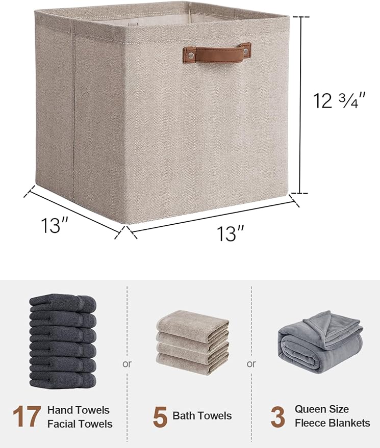 StorageWorks 13x13 Inches Storage Cube, Fabric Storage Bins with PU Handles, Collapsible Organizer Baskets for Closet, Brown and Beige, 4-Pack