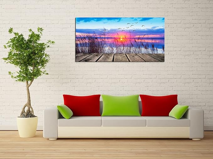 XXMWallArtFC2375 Wall Art Leisure and Free Time On The lake Framed Canvas Prints Painting Sunset Landscape Pictures Ready to Hang for Living Room Bedroom Kitchen Home and Office Wall Decor
