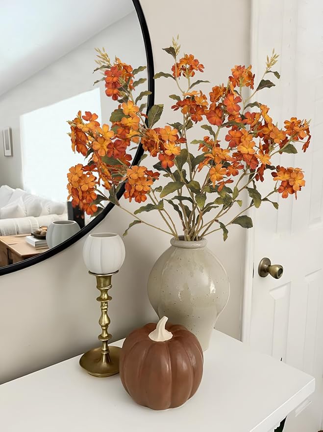 Briful Fall Artificial Hydrangea Flower Stems, 33.5" Silk Blossom Sprays with Bendable Stems, Set of 3 Faux Floral Branches for Tall Vase Arrangements, Orange