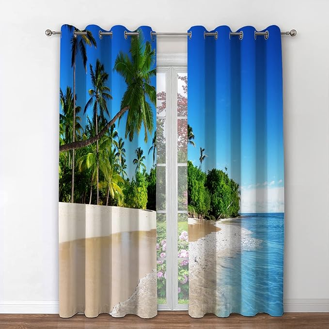 Jekeno Ocean Beach Palm Tree Blackout Curtains Tropical Ocean Decor for Bedroom Living Room with Beach Blue Sky Sunny Scene Grommet Window Drapes 2 Panel Set, 42"x63"