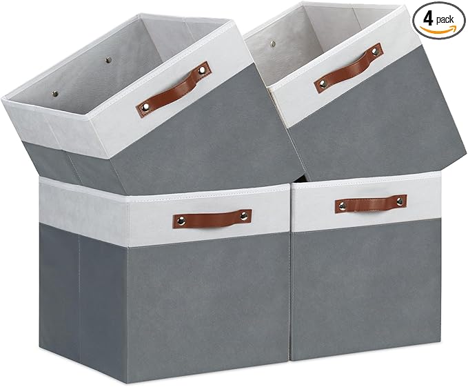 Temary Cube Storage Bins 4Pack Foldable Cube Baskets for Clothes Shelf Storage Basket with Handles, Storage Box Fabric Storage Organizer Bins for Home (White&Grey, 13x15x13 Inch)