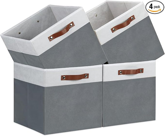 Temary Cube Storage Bins 4Pack Foldable Cube Baskets for Clothes Shelf Storage Basket with Handles, Storage Box Fabric Storage Organizer Bins for Home (White&Grey, 13x15x13 Inch)