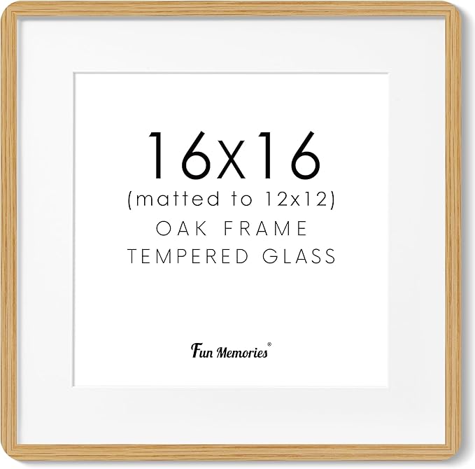 16x16 Picture Frame, Square 16 by 16 Frames for Wall - Solid Oak Wood & Tempered Glass, 16 x 16 Wood Frame Matted to 12 x 12, Square Picture Frame 16"x16" for Home Decor, Natural Oak Color, 1 Pack