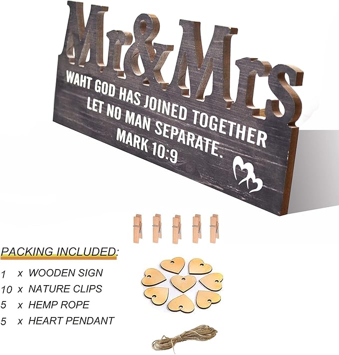 Yudarte Mr & Mrs Bedroom Decor for Couples - Wall Picture Hanging Collage Board with Clips and Twine 13.5x5.5 Inches - Religious Marriage Gifts for Couple - What God Has Joined Together Mark 10:9