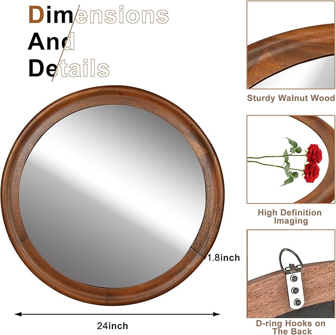 Round Wood Mirror for Wall,24 Inch Circle Decorative Mirror with Walnut Frame,Rustic Bathroom Hanging Vanity Mirror for Entryway,Bedroom or Living Room(Walnut Brown)