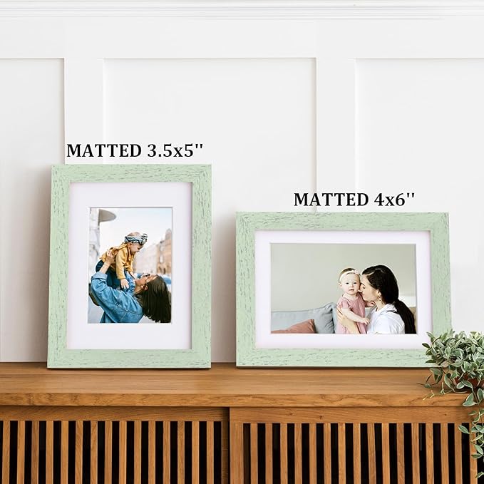 Egofine 5x7 Picture Frames Set of 4, Made of Solid Wood Covered by Plexiglass 3.5x5 and 4x6 with Mat or 5x7 without Mat, for Table Top Display and Wall Mounting Photo Frame Rustic Green