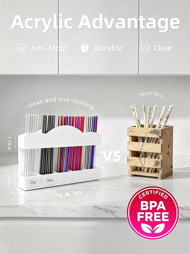 9.8" Acrylic Straw Holder for Cabinet Door - 5-Compartment Organizer with Ultra-Sticky Adhesive, Storage for Reusable Straws and Brushes, Kitchen & RV Essensials