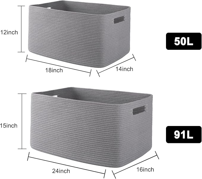 OIAHOMY XXLarge Rectangle Blanket Basket-96L, Cotton Woven Basket for Storage, Dirty Clothes Basket for Living Room, Nursery, Bedroom, Toy Organizing with Handle, 24" x 16" x 15", Grey