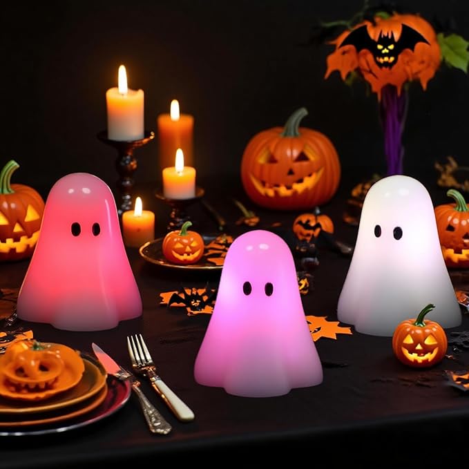 Eldnacele Ghost Flamless Flickering Candles with 18-key Remote and Timer, 12 Color Changing Battery Operated Spooky Candles Real Wax Small Ghost Lights LED Candle Fireplace Halloween Indoor Decor Gift