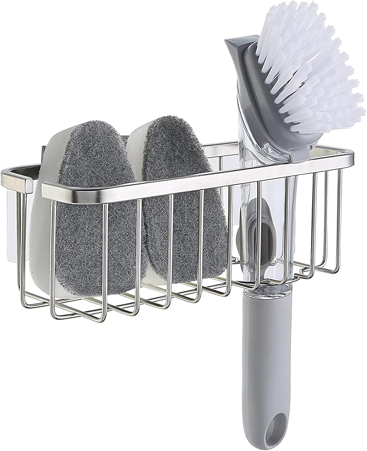 SunnyPoint NeverRust Deluxe Kitchen & Bathroom Sink Sponge Holder Organizer with Adhesive Mount - Additional Suction Cup Included – Sponge & Brush NOT Included – 7.4 x 3.3 x 2.75 Inch