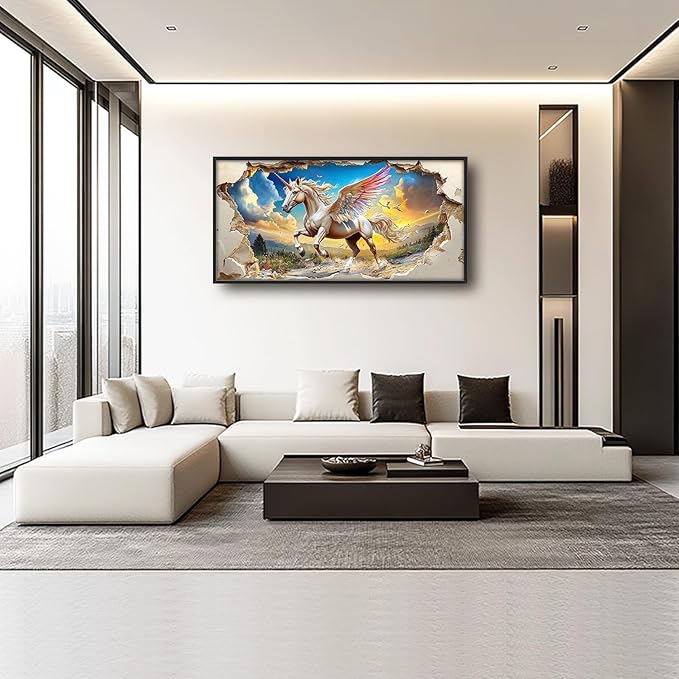 Framed Large Wall Art for Living Room, Unicorn Canvas Wall Decor, Large White Horse Pictures Framed Painting, Natural Landscape Artwork for Bedroom Office Home Decor 60L'' × 30W''