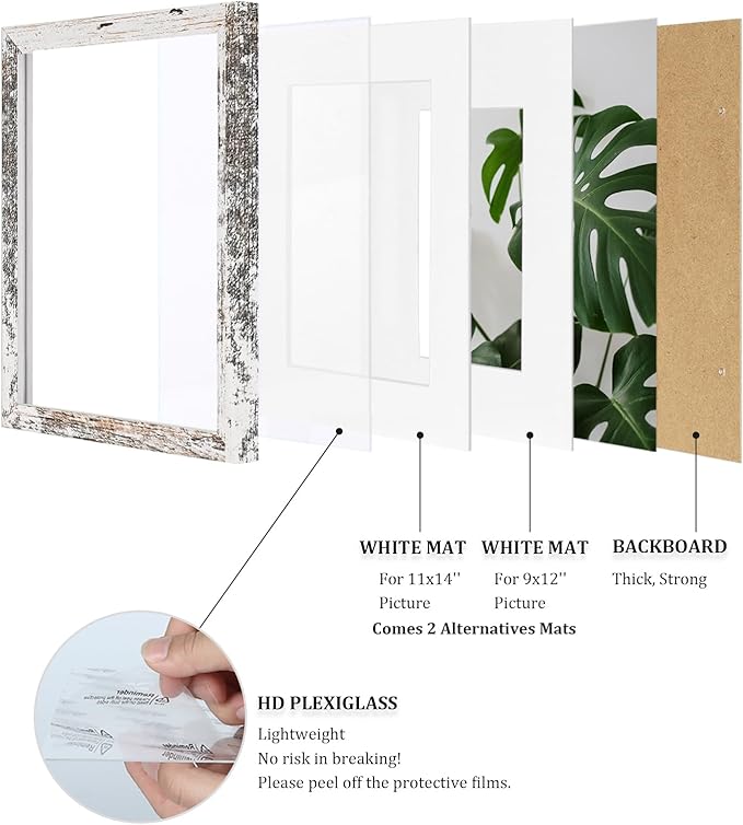 Egofine 12x16 Picture Frames Set of 4, Made of Solid Wood Covered by Plexiglass 9x12 and 11x14 with Mat or 12x16 without Mat, for Wall Mounting Photo Frame Rustic White