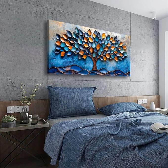 Tree of Life Pictures Canvas Wall Art for Living room Office Bedroom Wall Decor,Blue Leaf Wall Art Print Paintings Modern Autumn Blue Golden Scenery Artwork Waterproof Ready to Hang-20x40inch