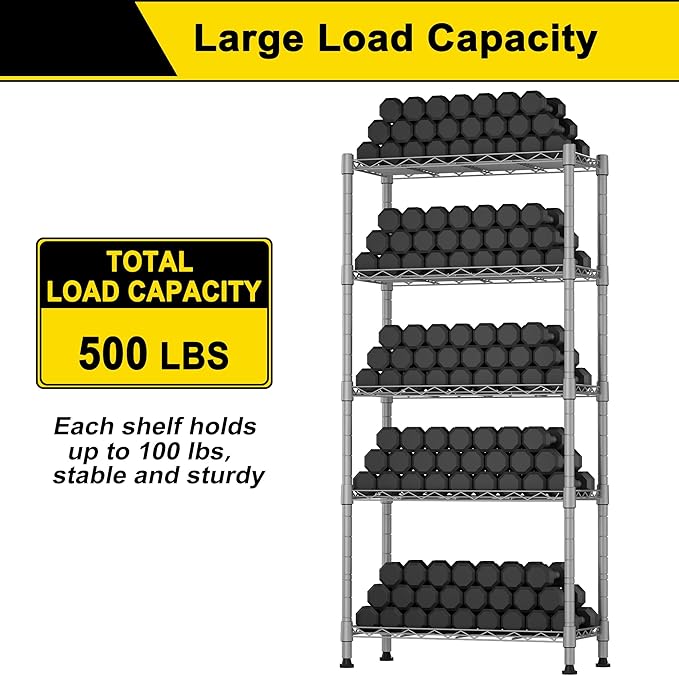 GIOTORENT 5-Wire Garage Shelving Storage Shelves, Kitchen Storage Adjustable Shelf, Metal Shelves 500Lbs Capacity 21" L x 11.8" W x 53.8" H for Laundry Bathroom Pantry Closet, Grey