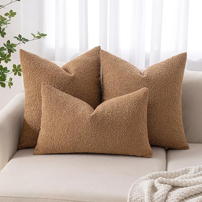 MIULEE 22x22 Inch Decorative Euro Sham Throw Pillows for Bed Set of 2 Textured Boucle Neutral Throw Pillow Covers Brown Accent Solid Euro Couch Vintage Pillowcase Cozy Soft Sofa Livingroom Home Decor
