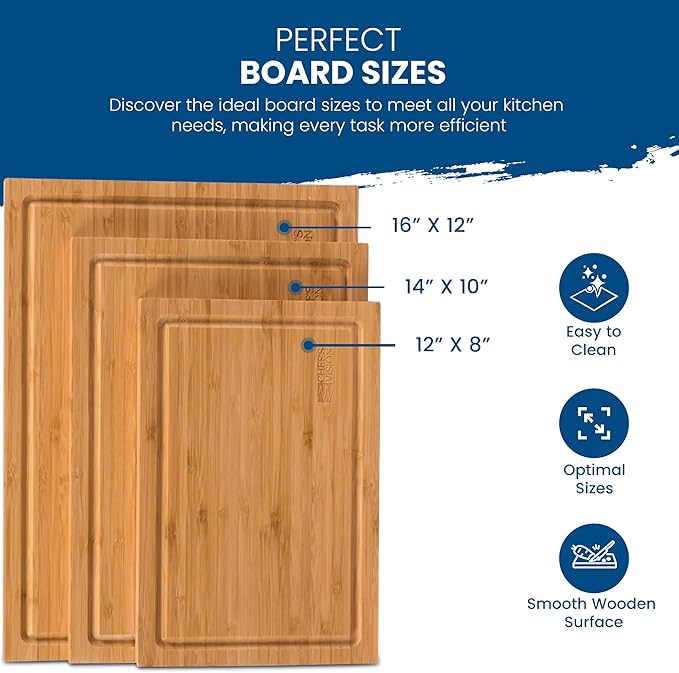 Chef's Vision Bamboo Cutting Board Set - 3-Piece Organic Wooden Cutting Boards for Kitchen - Durable, Non-Toxic, and Eco-Friendly Bamboo Chopping Board - Extra Large, Large, and Medium Sizes