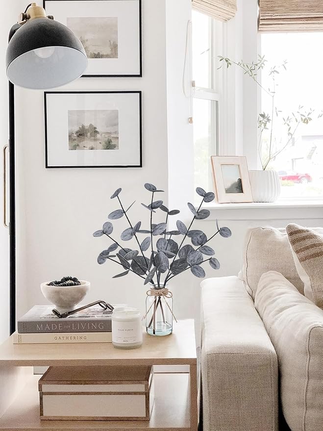 Artificial Eucalyptus Stems in Glass Vase with Faux Water, 14" Fake Plants for Home Decor, Coffee Table Centerpieces, Office, Bathroom & Farmhouse Weddings - Faux Plants Decorations