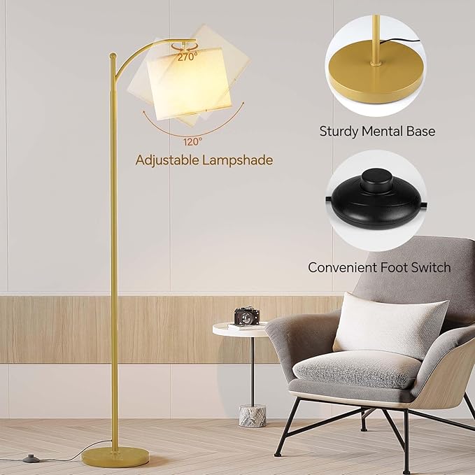 SUNMORY Arc Floor Lamp,Modern Floor Lamp with 9W 3 Color Temperatures Bulb,Metal Standing Lamps with Adjustable Hanging Lampshade,Tall Floor Lamps for Living Room,Bedroom, Gold Without Remote