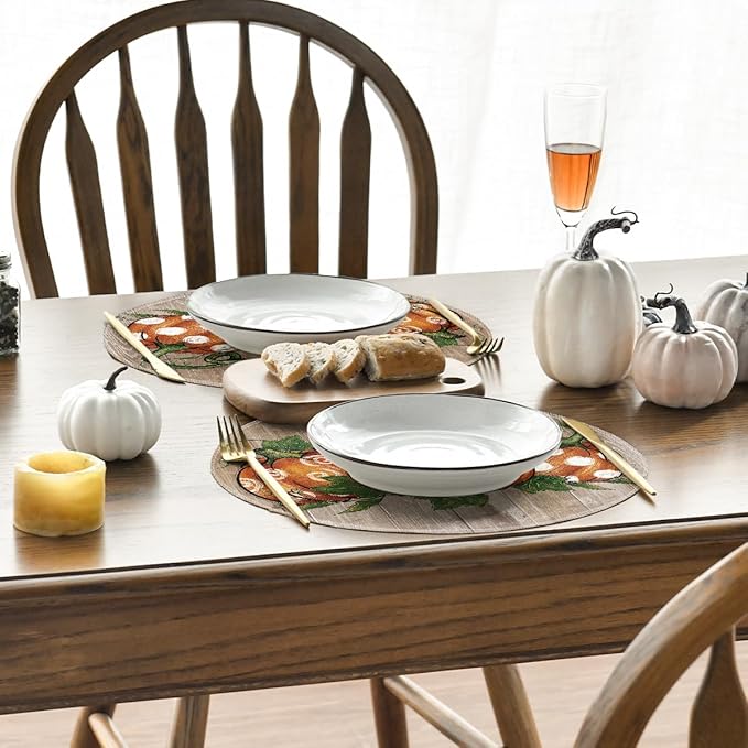 Artoid Mode Wood Pumpkins Fall Round Placemats Set of 4,14 Inch Seasonal Round Place Mats for Party Dining Decoration