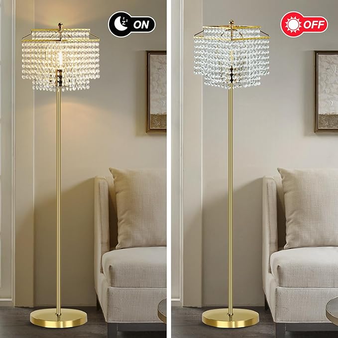 Luvkczc Gold Crystal Floor Lamp, 64" Tall Elegant Standing Lamp with On-Off Foot Switch, Double-Layer Lampshade, Standing Floor Lamps for Living Room, Bedroom, Office, 8W LED Bulb Included