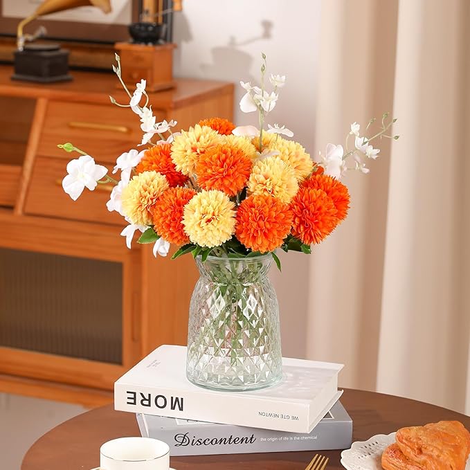 Floweroyal 24pcs Fall Flowers Artificial Chrysanthemum Ball Flower, Fake Mums Silk Hydrangea Flowers Bridal Wedding Bouquet for Home Garden Party Autumn Decor