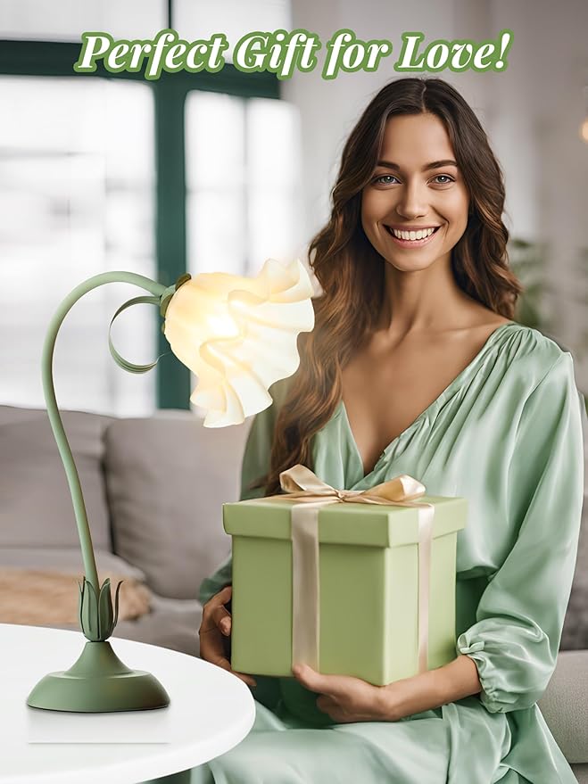 Flower Table Lamp Bedside Lamps LED Reading Light,3 Color Modes Cute Small Lamp,Vintage Flower Lamp Nightstand Lamp Kawaii Table Lamp for Bedroom Living Room Office Dorm Desk Home Decor(Green lamp)