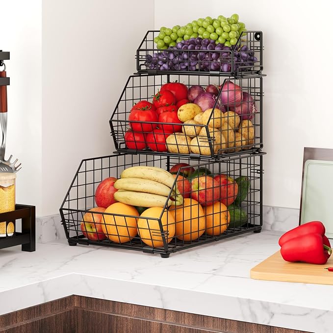 3-Tier Fruit Basket for Kitchen Counter, Stackable Wire Baskets Wall, Potato and Onion Storage Bins, Pantry Organizers and Storage for Potato, Onion, Produce, Fruit, Vegetable, Snack