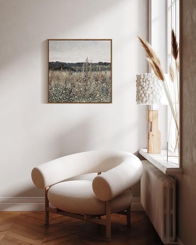 InSimSea Square Framed Canvas Wall Art, Scenery Field Home Decor, Vintage Meadow Flowers Wall Art Prints, Retro Nature Floral Wall Decor for Living Room Bedroom Home Bathroom 16"x16"