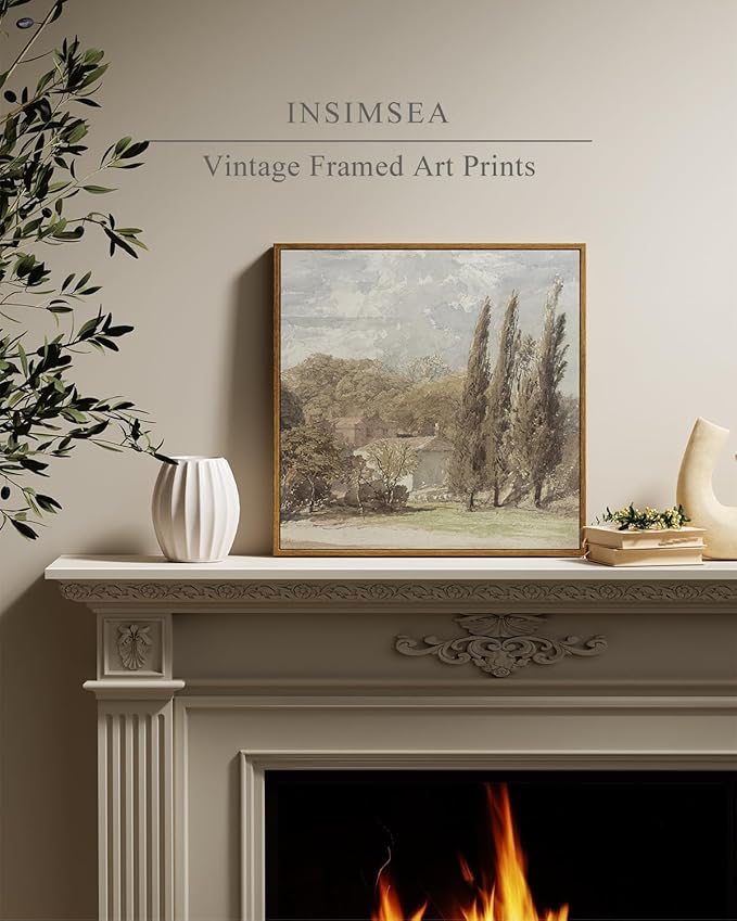 InSimSea Square Framed Canvas Wall Art, Gardens Classical Scenery Paintings, Rustic Gardens Wall Pictures for Bedroom Bathroom Living Room, Canvas Prints Artwork, Vintage Home Decor 16"x16"
